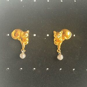Gold Cat Earrings with Silver “Yarn Ball” Accents Post